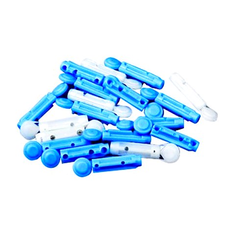 Blood taking needles: steel needles insert-moulded into blue and white plastic bodies