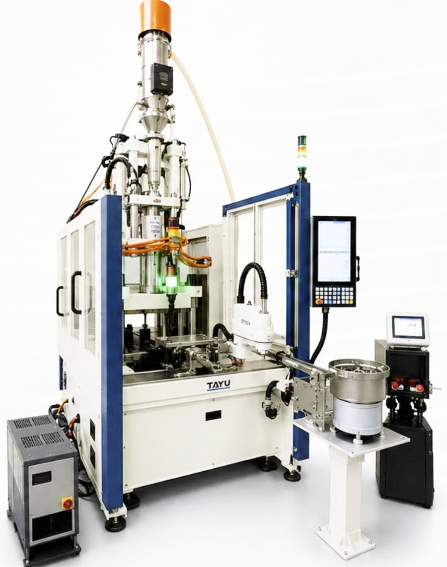 TAYU vertical rotary table injection moulding cell with SCARA robot, bowl feeder and temperature control unit