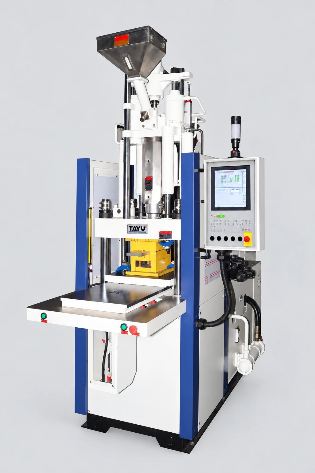 TAYU TY-S single slide vertical injection moulding machine with the slide table extended