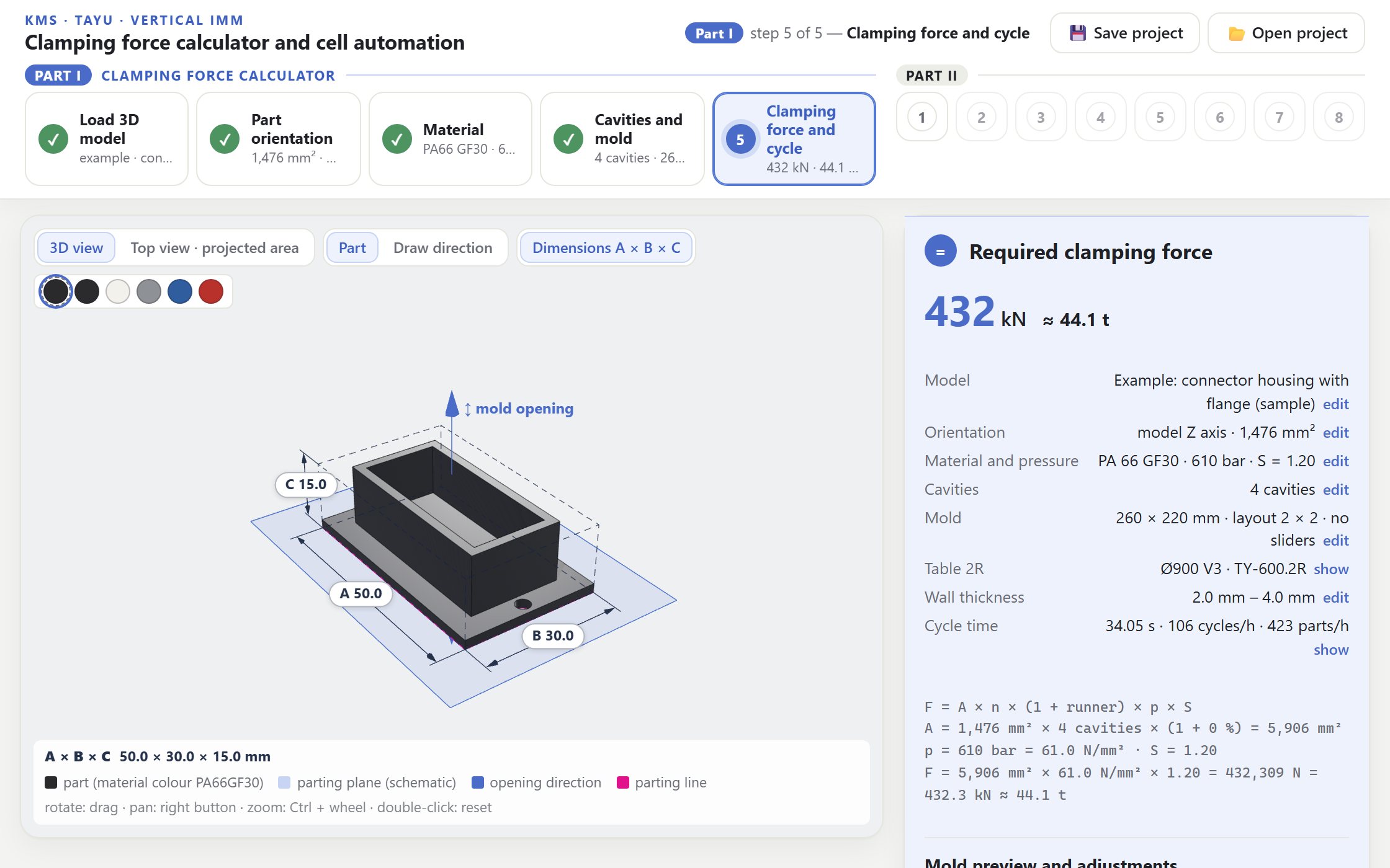 The clamping force calculator in English: 3D part and the required clamping force of 432 kN, with the cell automation steps alongside