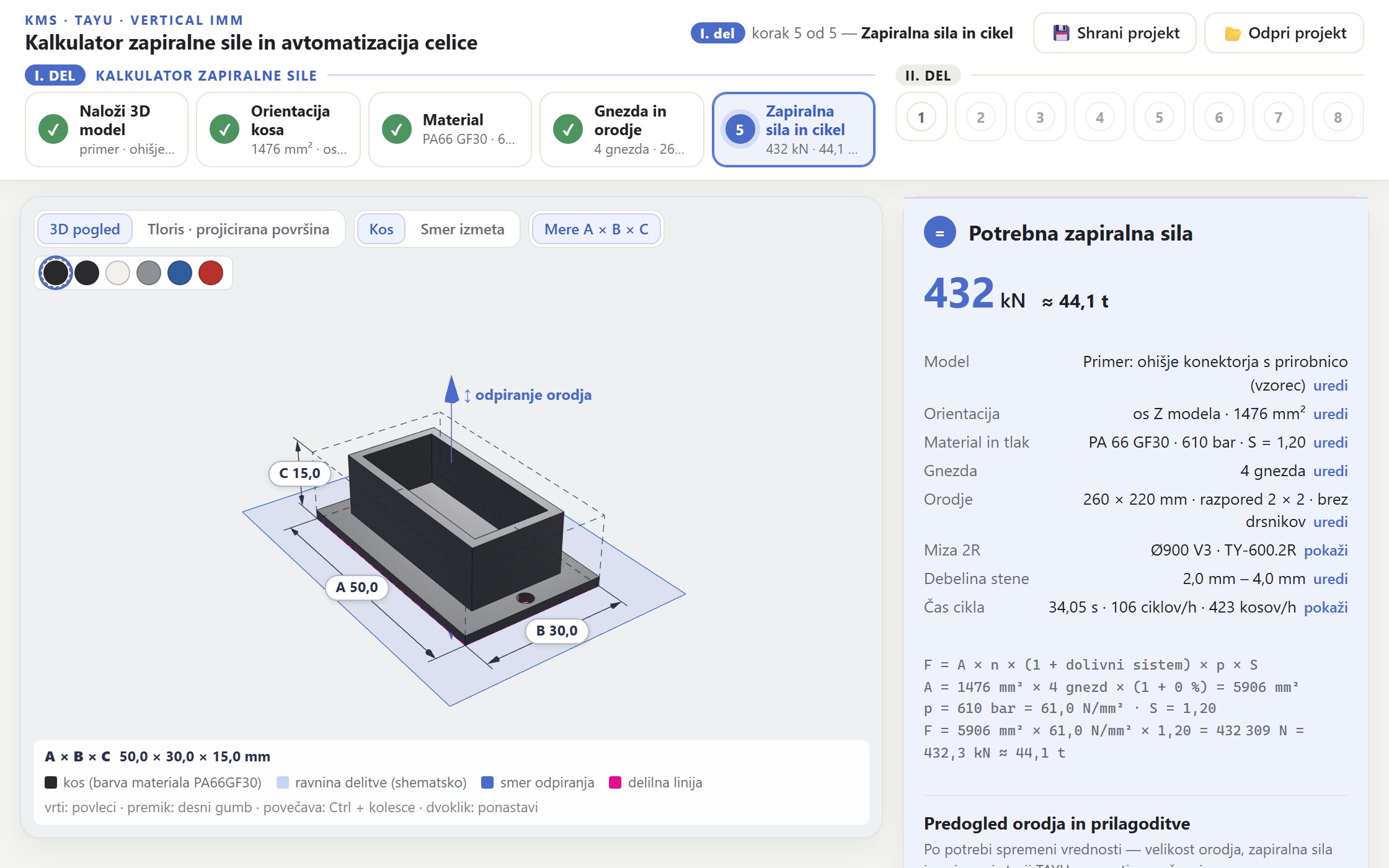 Kalkulator zapiralne sile v slovenščini: 3D kos in potrebna zapiralna sila 432 kN, ob njem koraki avtomatizacije celice